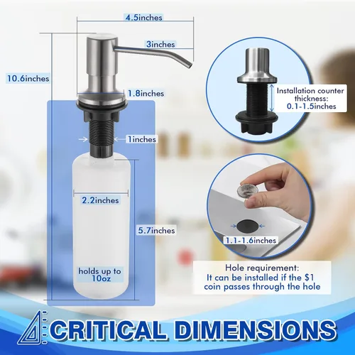 Vista 6 de Dispensador de jabón integrado para fregadero de cocina WEWE, acero inoxidable de níquel cepillado en dispensador de jabón de mostrador, recarga