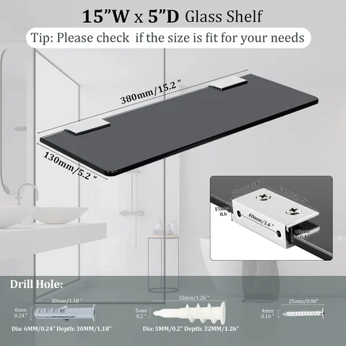 Vista 2 de SAYAYO Estantes flotantes de vidrio para baño, estante de vidrio templado para pared de 15 x 5 pulgadas, 1 unidad, color negro
