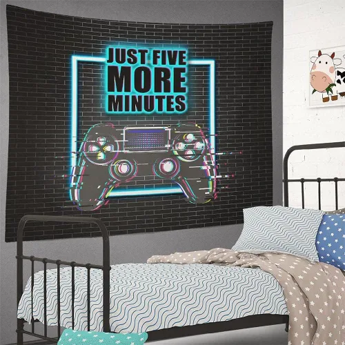 Vista 4 de Tapiz de juegos para decoración de sala de juegos, decoración de pared para colgar en la pared, solo cinco minutos más, tapices frescos de luz negra