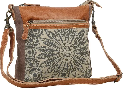 Vista 4 de Myra Bag Dizzy Circle - Bolso cruzado pequeño de lona y cuero reciclado S-1556 marrón Marrón