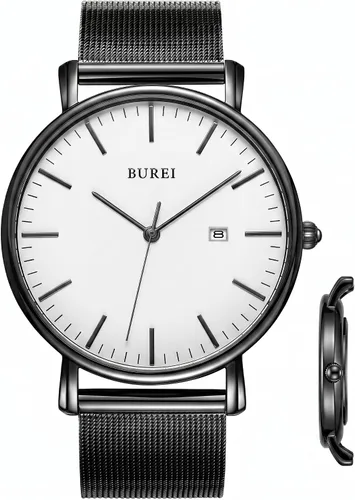 Vista 16 de BUREI Relojes de pulsera para hombre, relojes minimalistas de moda, analógicos de cuarzo, impermeables para hombres Banda negra negra