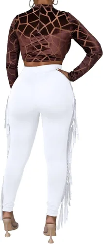 Vista 4 de Rimhold Pantalones casuales con flecos para mujer, cintura alta, color liso, con borlas laterales, pantalones de yoga, pantalones de chándal