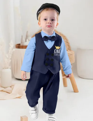 Vista 3 de Traje de primer cumpleaños para niño, traje de primer cumpleaños para niño de Mr Onederful, traje de cumpleaños, mameluco, chaleco, pantalones