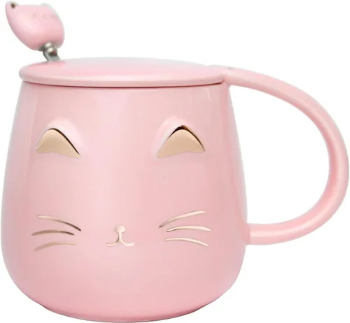 Vista 7 de Yuwu Taza de café con diseño de gato, regalo para los amantes de los gatos, taza de cerámica, taza novedosa con tapa y cuchara de acero inoxidable