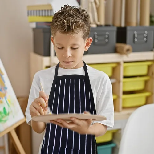 Vista 6 de Paquete de 2 delantales para niños, correa ajustable con bolsillos, mezcla de poliéster, algodón, pintura, arte de cocina, delantales para hornear