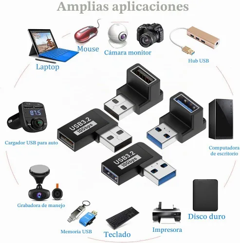 Vista 6 de Paquete de 4 adaptadores USB 3.1 macho a hembra de 10 Gbps de ángulo recto de 90 grados, conector de extensión de cable USB, 4 tipos para PC Paquete