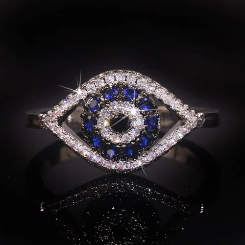 Vista 2 de Anillos de circonita cúbica de ojo turco azul para mujeres, hombres y niñas, chapado en plata esterlina, grueso, apilable, cola media, elegante
