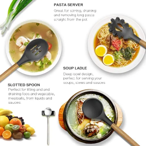 Vista 2 de Utensilios de cocina de silicona – Herramientas de cocina resistentes al calor, cucharas con mango de madera, juego de utensilios de cocina
