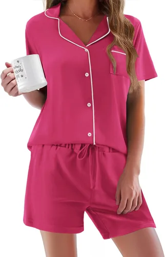 Vista 12 de Ekouaer - Conjunto de pijamas de manga corta para mujer, con botones, suave, 2 piezas, conjuntos de descanso, tallas XS-XXXL Verde Aqua