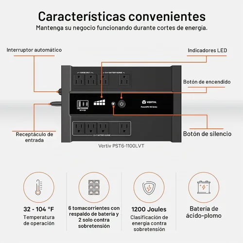 Vista 3 de Vertiv Liebert PowerUPS 100 PST6-1100LVMT Batería Backup UPS 1100VA USB-C+A