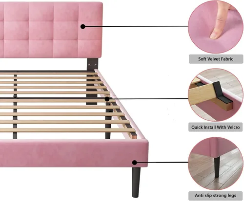 Vista 6 de Lijimei Base de cama de tamaño matrimonial con cabecero, base de cama tapizada con soporte de listones de madera y cabecera de plataforma, base