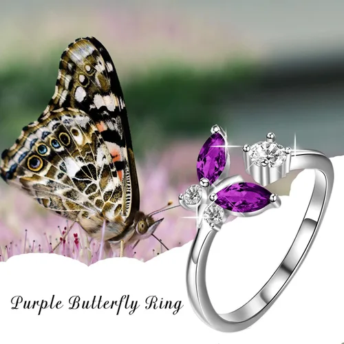 Vista 3 de AOBOCO - Anillo abierto de mariposa de plata esterlina ajustable, adornado con cristal de Austria, joyería para regalo de aniversario o cumpleaños