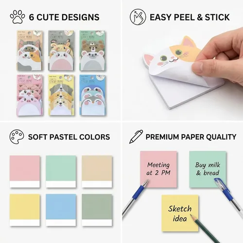 Vista 3 de Lindas notas adhesivas paquete de 6 – 270 hojas de notas autoadhesivas, notas adhesivas de dibujos animados Kawaii para planificador, suministros