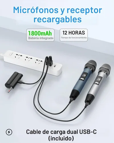 Vista 5 de Micrófonos Inalámbricos UHF Recargables, Dos Micrófonos de Mano de Metal con Receptor de 1/4", Plug-and-Play para Altavoz y Sistema PA, Karaoke