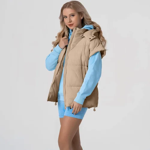 Vista 39 de Shiyifa Chaleco acolchado para mujer, chaqueta de gran tamaño, sin mangas, ligera, con cremallera, con capucha desmontable