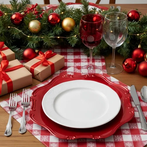 Vista 4 de ZOOFOX Juego de 12 salvamanteles rojos, salvamanteles metálicos de 13" con bordes festoneados para plato de cena, platos de servicio decorativos