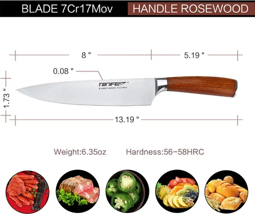 Vista 2 de TONIFE Cuchillo de chef de 8 pulgadas con cuchillo de cocina de acero inoxidable de alto carbono 7Cr17MoV con mango de palisandro natural