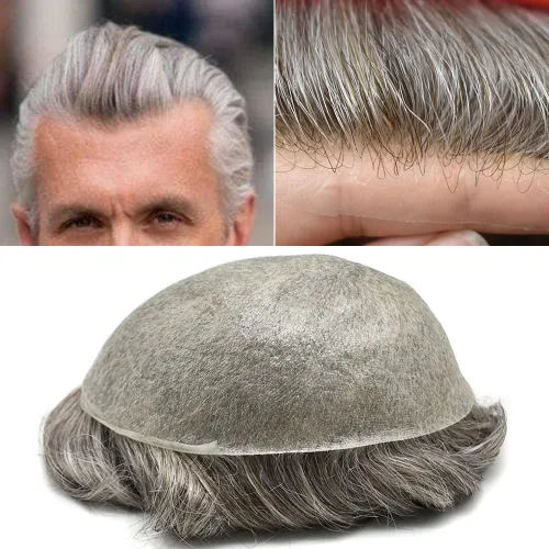 Vista 14 de Tupé de piel ultra fina para hombres pieza de cabello humano real sistema de reemplazo 0.002 in Mens Toupee Hairpiece para hombres V-Loop 8x10 80%