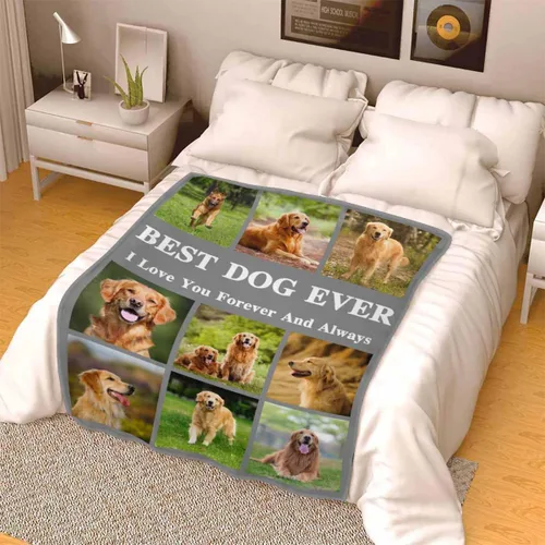 Vista 3 de InterestPrint Manta personalizada con texto fotográfico, 9 fotos, Best Dog Ever - Manta personalizada de franela polar para cumpleaños familiar, se