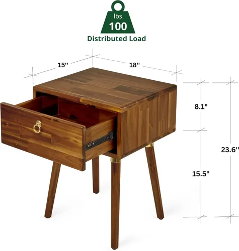 Vista 2 de Bme Caden Mesita de noche/Mesa auxiliar/Mesa de centro de madera maciza, completamente ensamblada, con 1 cajón para dormitorio y sala de estar