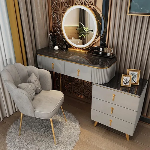 Vista 12 de Juego de tocador grande con luces LED, mesa de tocador de maquillaje con gabinete ajustable y taburete acolchado, 3 modos de iluminación, tocador