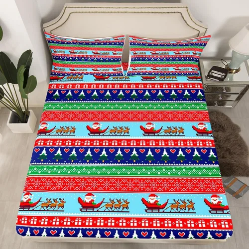 Vista 8 de Juego de sábanas con diseño de Papá Noel y muñeco de nieve para niños, niñas y niños, de temática navideña, juego de cama con diseño de árbol