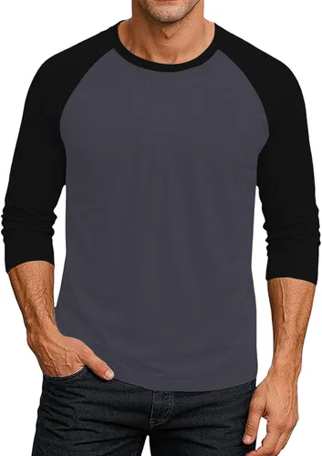 Vista 5 de Camiseta de béisbol raglán para hombre, manga larga, cuello redondo, tela ligera que absorbe la humedad para uso casual