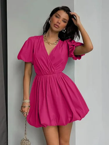 Vista 3 de PRETTYGARDEN Vestidos cortos de verano para mujer, estilo casual, manga abombada, cuello en V, volantes, color sólido, vestido acampanado