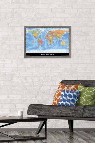 Vista 2 de Trends International Mapa - Póster de pared del mundo, 22.4 pulgadas de largo x 14.7 W, versión enmarcada en madera de granero