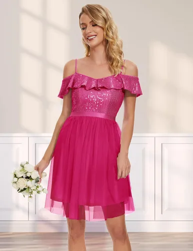 Vista 4 de Wedtrend Vestido de lentejuelas para mujer, vestido semiformal brillante con tirantes delgados, vestido corto de graduación con purpurina