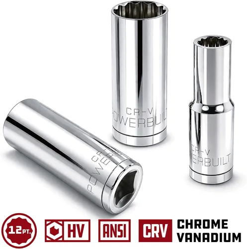 Vista 3 de Powerbuilt 3/8 de pulgada x 1/2 pulgada SAE Deep Socket, 12 puntos, cromo-vanadio, marca de tamaño - 940046