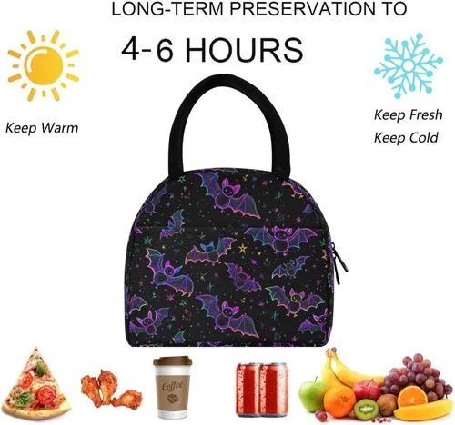 Vista 5 de Bolsa de almuerzo reutilizable para Halloween, colores arcoíris, murciélagos, estrellas, bolsa térmica aislada para el regreso a la escuela