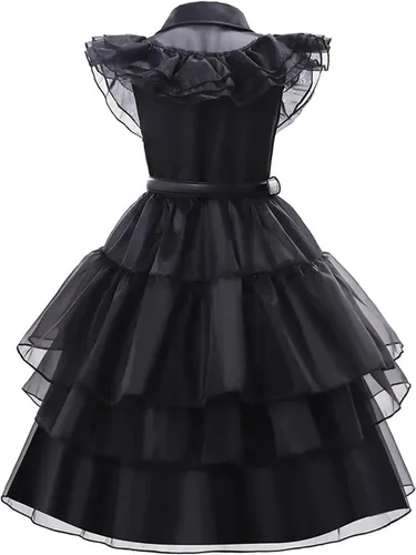Vista 2 de Mcgeeney Disfraz negro para niñas pequeñas con peluca, collar, cinturón y calcetines, ideal para Halloween