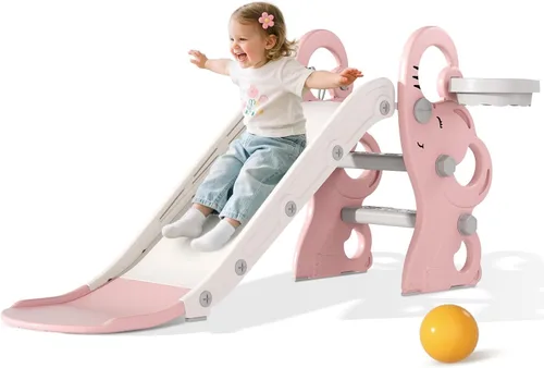 Vista 9 de Babytronic Tobogán para niños pequeños, juego de interiores y exteriores con aro de baloncesto y juego de anillos, tobogán plegable de plástico
