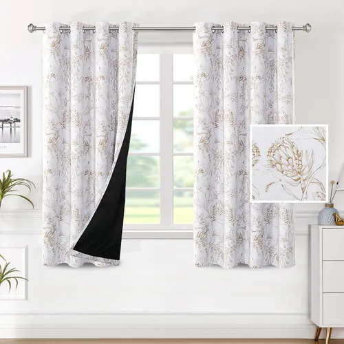 Vista 80 de H.VERSAILTEX - Cortinas 100% blackout con estampado floral de cattleyas, 45 pulgadas de largo, juego de 2 paneles térmicos con forro negro, a prueba