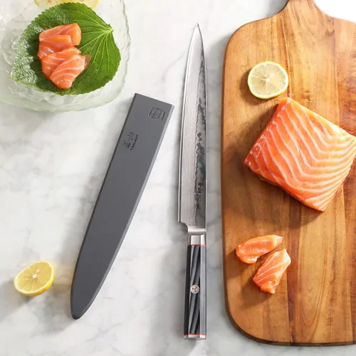 Vista 4 de Cangshan YARI Series 501295 - Cuchillo Sashimi de 10 pulgadas con funda, acero de Damasco X-7