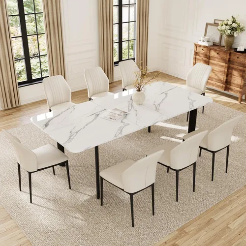 Vista 10 de HIPIHOM Mesa de comedor extensible para 6-8 personas, mesa rectangular de 63 a 78.7 pulgadas, MDF blanco con patas de metal resistentes, ahorro