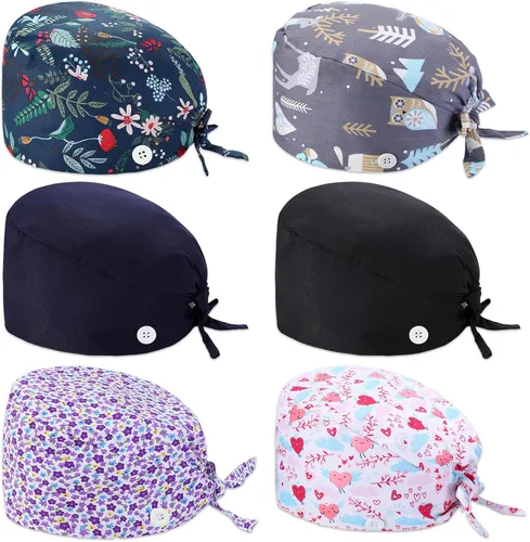 Vista 8 de Geyoga 6 piezas de gorras bouffant para trabajo y quirúrgicas, gorras de enfermera con botones y banda para el sudor, ajustable, con lazos