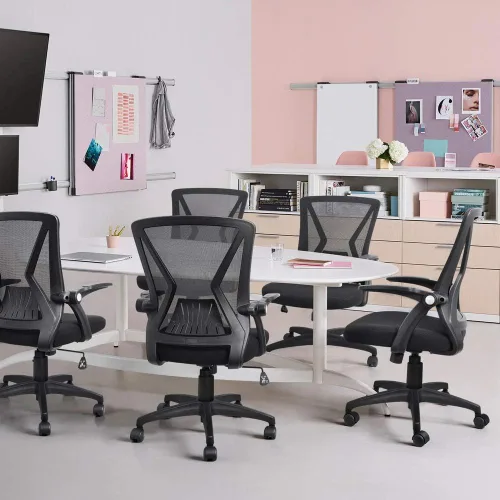 Vista 8 de Silla de oficina de malla ergonómica con respaldo medio, giratoria, de malla negra, brazos abatibles con soporte lumbar, silla de computadora