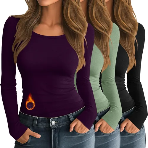 Vista 8 de Neer - Paquete de 3 camisas térmicas para mujer de manga larga, cuello redondo, forro polar, ajustadas, básicas, para invierno, capa base