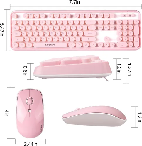 Vista 2 de Combo de teclado y mouse inalámbrico rosa, combo de teclado y mouse retro inalámbrico de 2.4 GHz, teclado inalámbrico Letton de tamaño completo