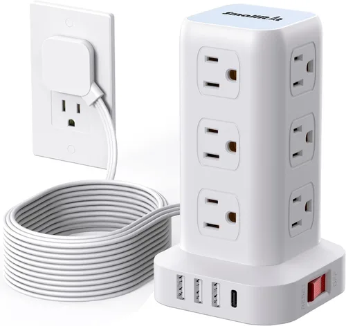 Vista 25 de SMALLRT - Cable de extensión con múltiples tomas, torre de regleta de alimentación con protector de sobretensiones, extensor de salida con 12