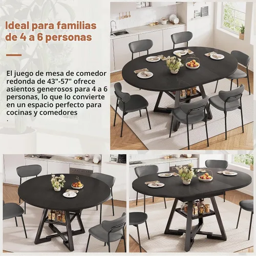 Vista 9 de Mesa de comedor redonda extensible de 43 a 57 pulgadas para 4-6, moderna mesa de comedor ovalada de cocina industrial con hojas extraíbles, base