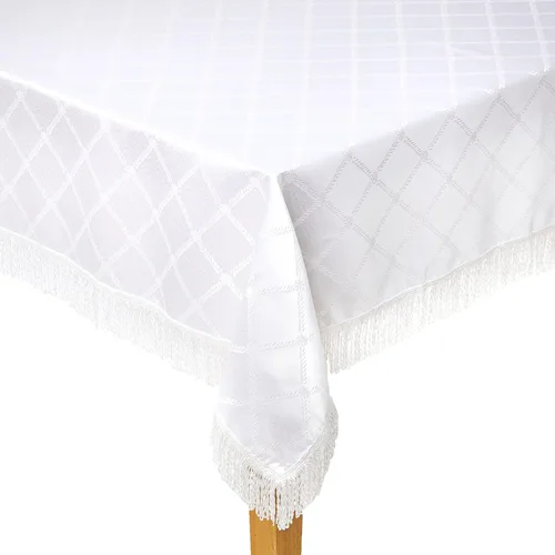 Vista 2 de Violet Linen Mantel con flecos con diseño de damasco de diamante, color beige, cuadrado de 54 x 54 pulgadas