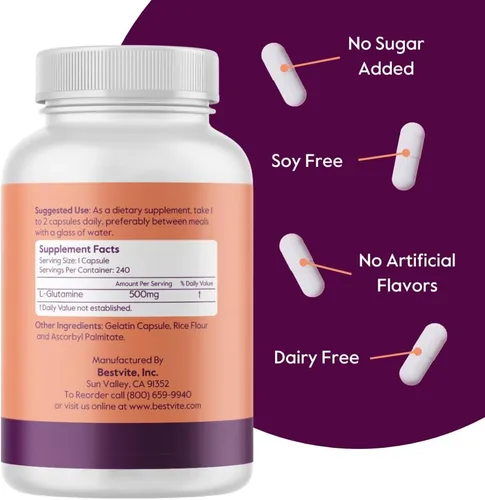 Vista 2 de BESTVITE L-Glutamina 500mg por cápsula (240 cápsulas) - Sin fosfato dicálcico - Sin estearatos - Sin OMG - Sin gluten - Apoyo a la salud intestinal
