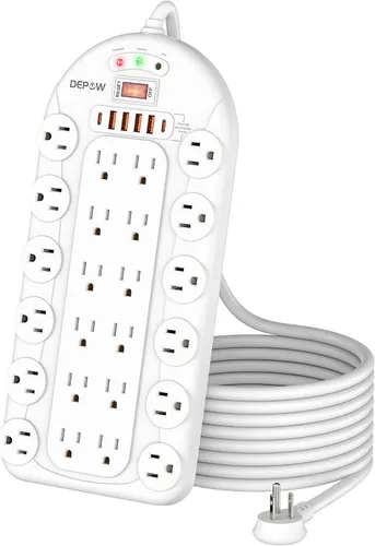 Vista 8 de DEPOW Regleta protectora contra sobretensiones de 6.5 pies con 24 salidas de CA (1875 W/15 A), 6 USB (2 puertos USB-C), 3,400 julios, cable de Negro