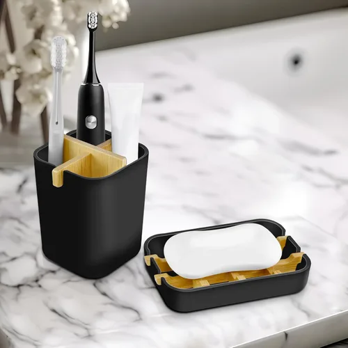 Vista 4 de Juego de soportes para cepillos de dientes y jabonera, accesorios de baño Negro