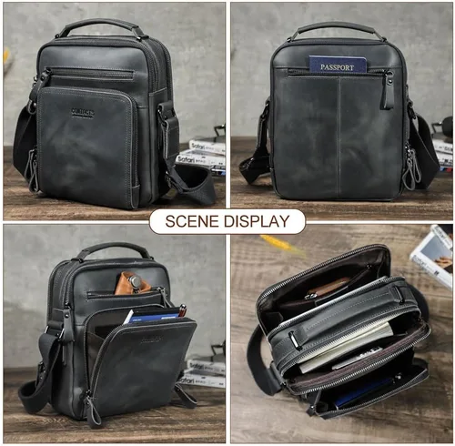 Vista 7 de Contacts Bolso bandolera pequeño de cuero para hombre, bolso cruzado de viaje de negocios, bolso de hombro para iPad de hasta 9.7 pulgadas (gris)
