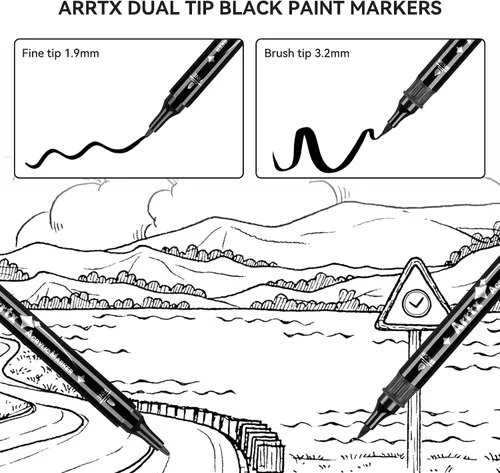Vista 6 de Arrtx Paquete de 8 rotuladores de pintura negra de doble punta, marcadores de pintura acrílica grafiti negros para pintar sobre roca, papel, madera
