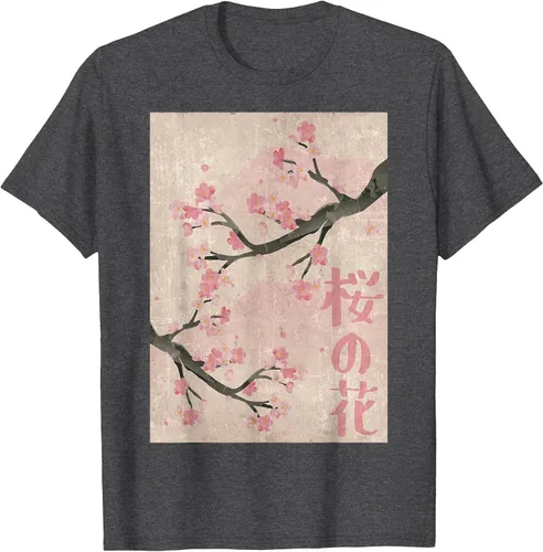 Vista 46 de Cherry Blossom Japanese Vintage Woodblock Japan Pink Sakura T-Shirt Asphalt Grey